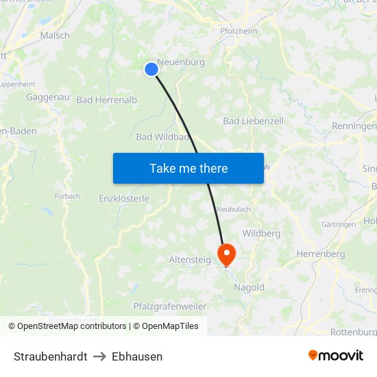 Straubenhardt to Ebhausen map