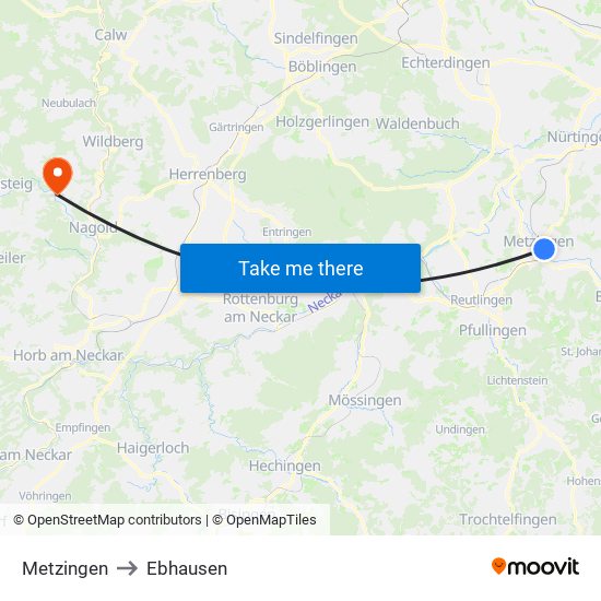 Metzingen to Ebhausen map