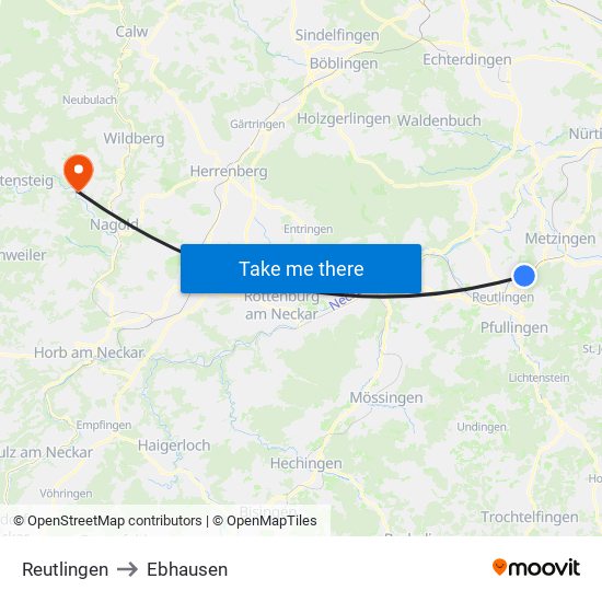 Reutlingen to Ebhausen map