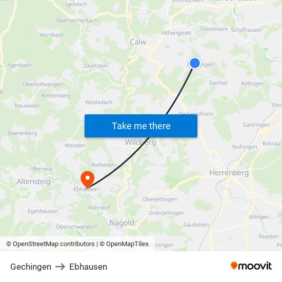 Gechingen to Ebhausen map