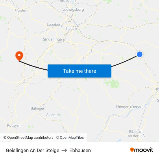 Geislingen An Der Steige to Ebhausen map
