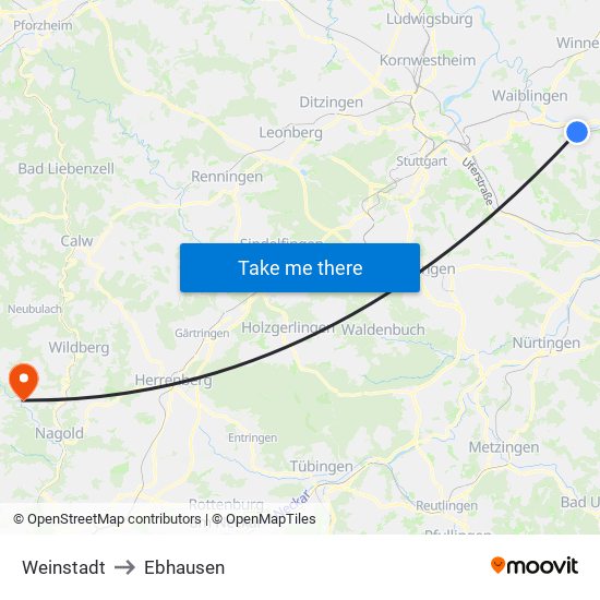 Weinstadt to Ebhausen map