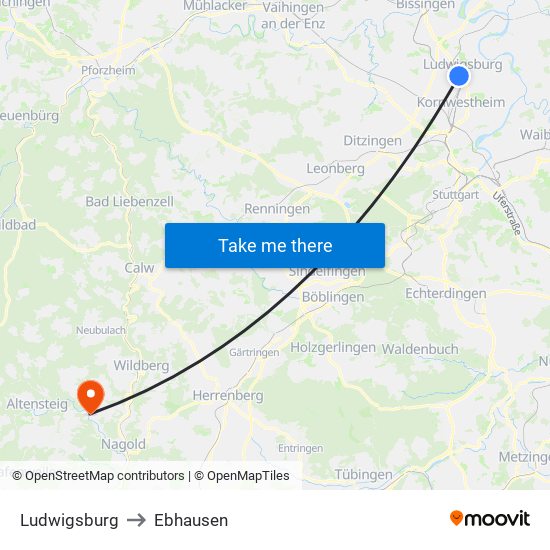 Ludwigsburg to Ebhausen map