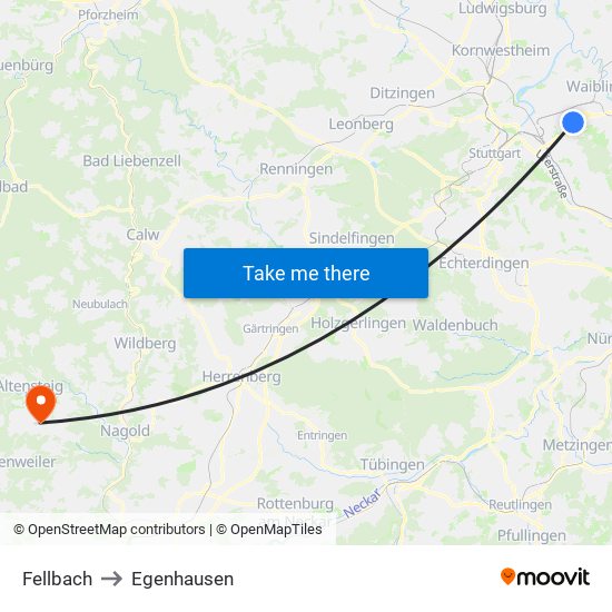 Fellbach to Egenhausen map