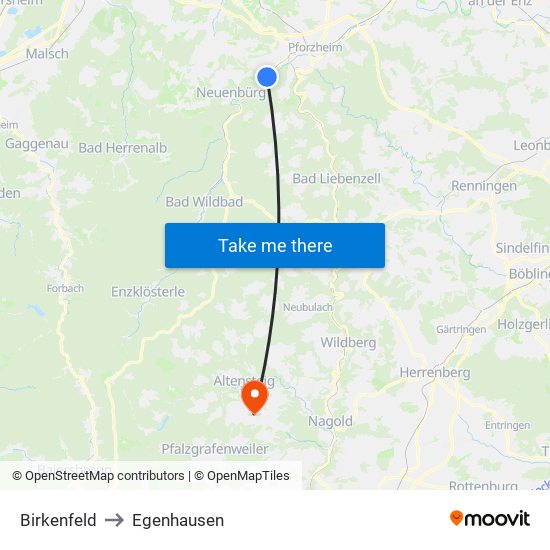 Birkenfeld to Egenhausen map