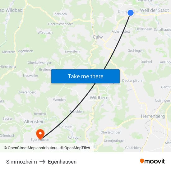 Simmozheim to Egenhausen map