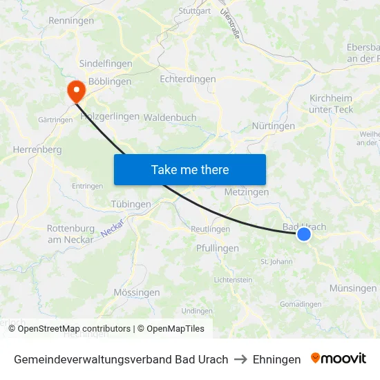 Gemeindeverwaltungsverband Bad Urach to Ehningen map