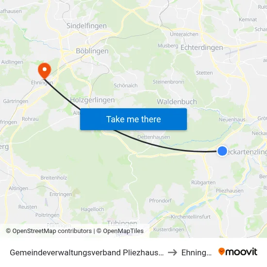 Gemeindeverwaltungsverband Pliezhausen to Ehningen map