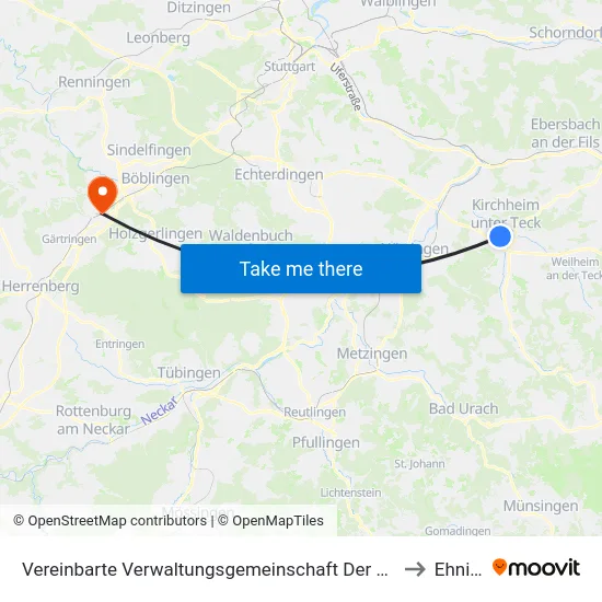 Vereinbarte Verwaltungsgemeinschaft Der Stadt Kirchheim Unter Teck to Ehningen map