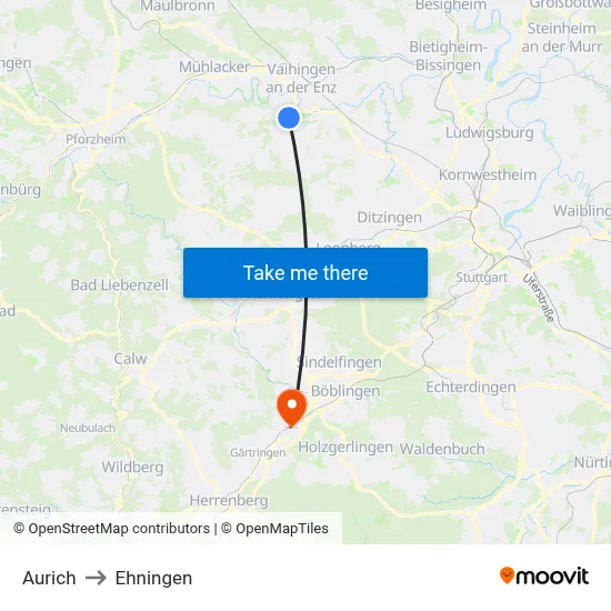 Aurich to Ehningen map