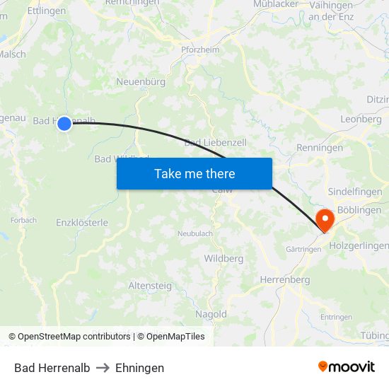 Bad Herrenalb to Ehningen map