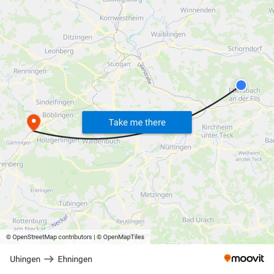 Uhingen to Ehningen map