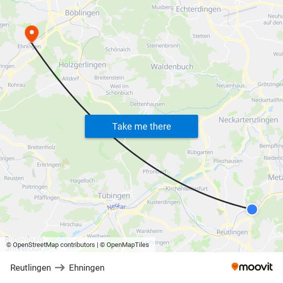 Reutlingen to Ehningen map