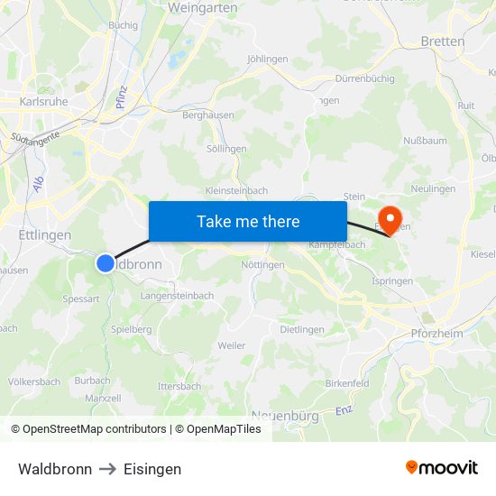 Waldbronn to Eisingen map