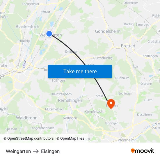 Weingarten to Eisingen map