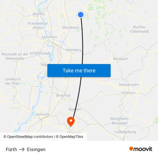 Fürth to Eisingen map