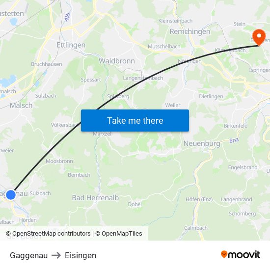 Gaggenau to Eisingen map