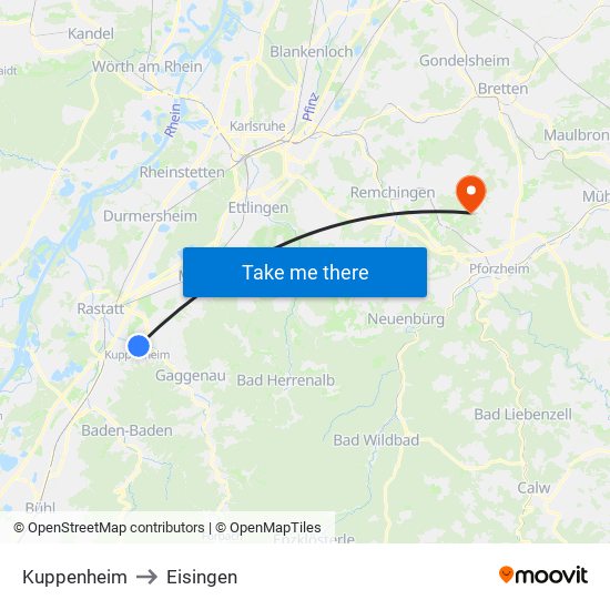 Kuppenheim to Eisingen map