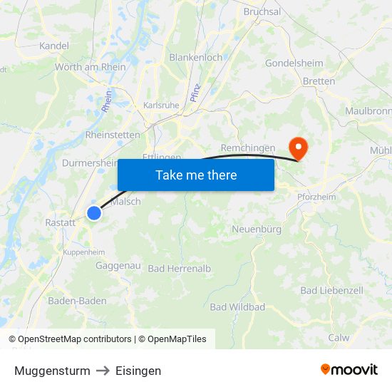 Muggensturm to Eisingen map