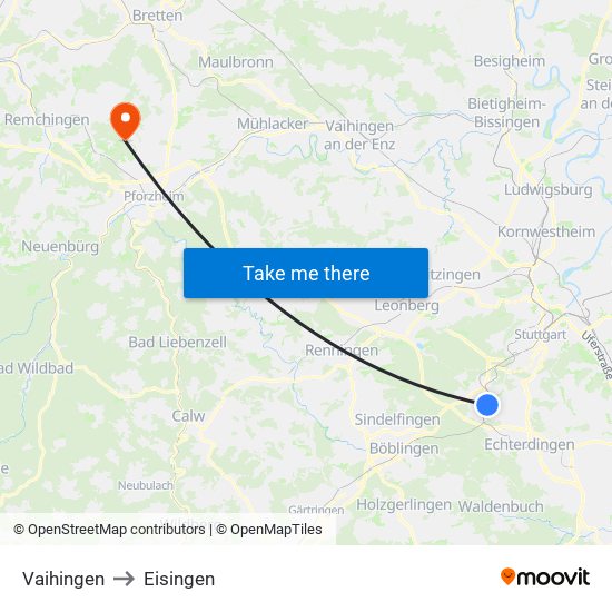 Vaihingen to Eisingen map