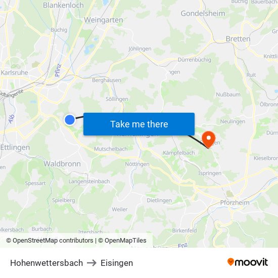 Hohenwettersbach to Eisingen map