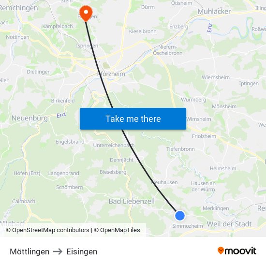 Möttlingen to Eisingen map