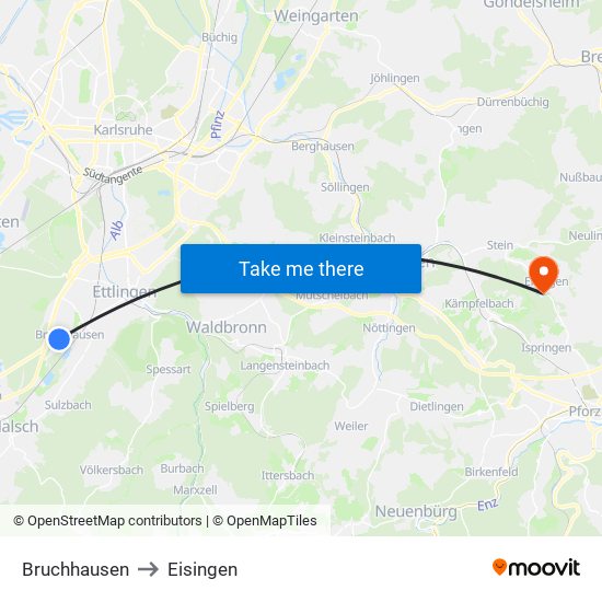 Bruchhausen to Eisingen map
