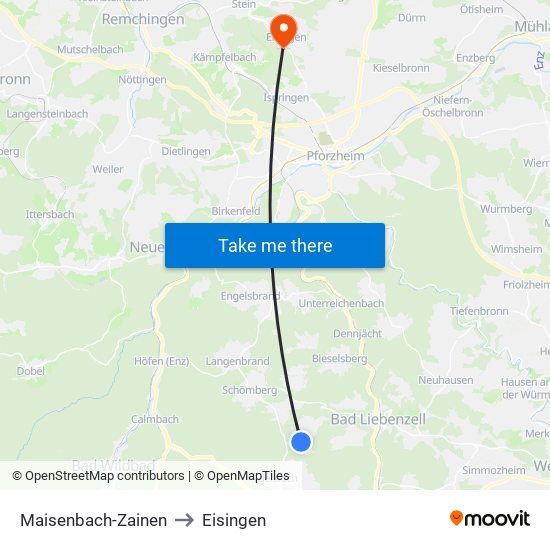 Maisenbach-Zainen to Eisingen map