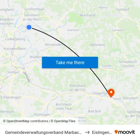 Gemeindeverwaltungsverband Marbach am Neckar to Eislingen/Fils map