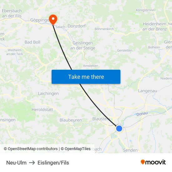 Neu-Ulm to Eislingen/Fils map