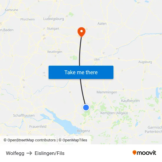 Wolfegg to Eislingen/Fils map