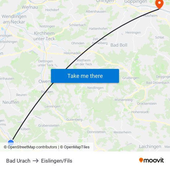 Bad Urach to Eislingen/Fils map