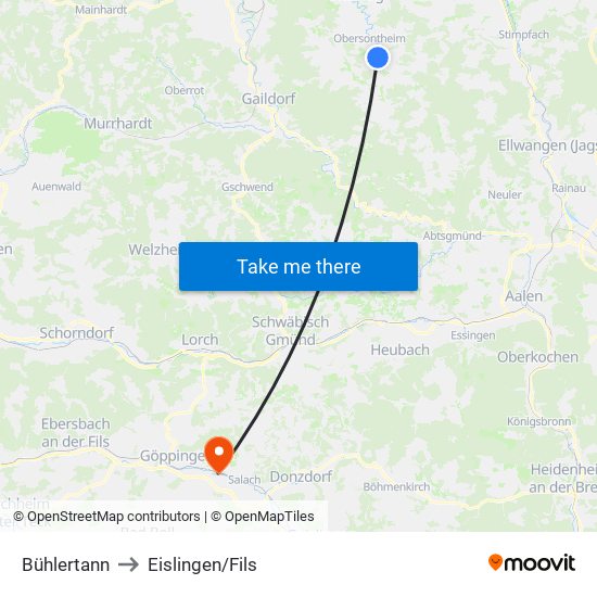 Bühlertann to Eislingen/Fils map