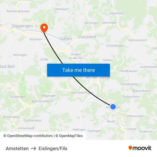 Amstetten to Eislingen/Fils map