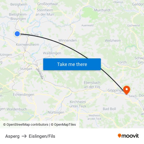 Asperg to Eislingen/Fils map