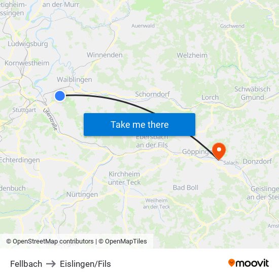 Fellbach to Eislingen/Fils map