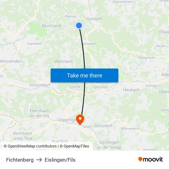 Fichtenberg to Eislingen/Fils map