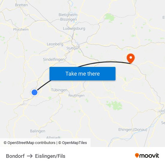 Bondorf to Eislingen/Fils map