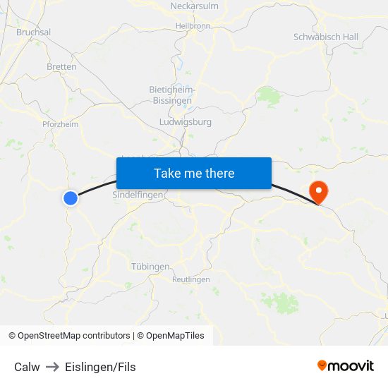 Calw to Eislingen/Fils map