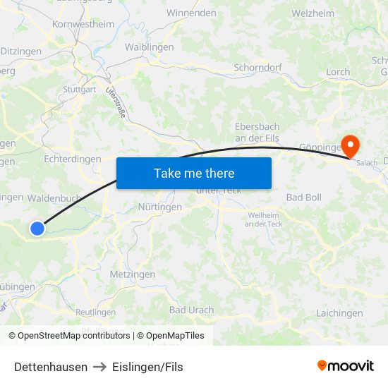 Dettenhausen to Eislingen/Fils map