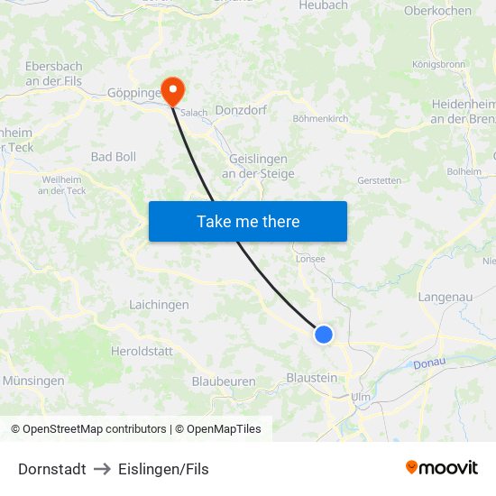 Dornstadt to Eislingen/Fils map