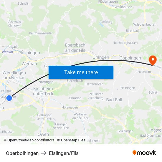 Oberboihingen to Eislingen/Fils map