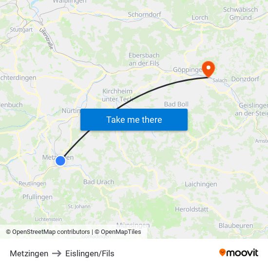 Metzingen to Eislingen/Fils map