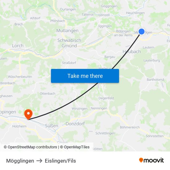 Mögglingen to Eislingen/Fils map