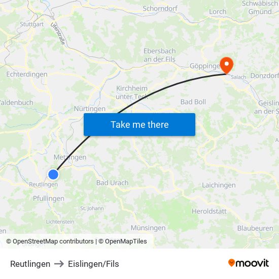 Reutlingen to Eislingen/Fils map