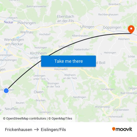 Frickenhausen to Eislingen/Fils map