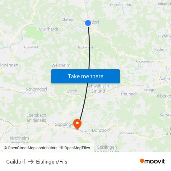 Gaildorf to Eislingen/Fils map