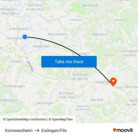 Kornwestheim to Eislingen/Fils map