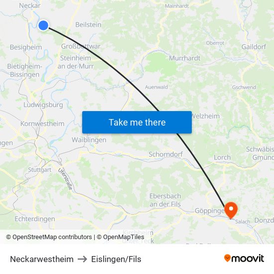 Neckarwestheim to Eislingen/Fils map
