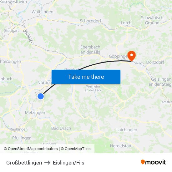 Großbettlingen to Eislingen/Fils map